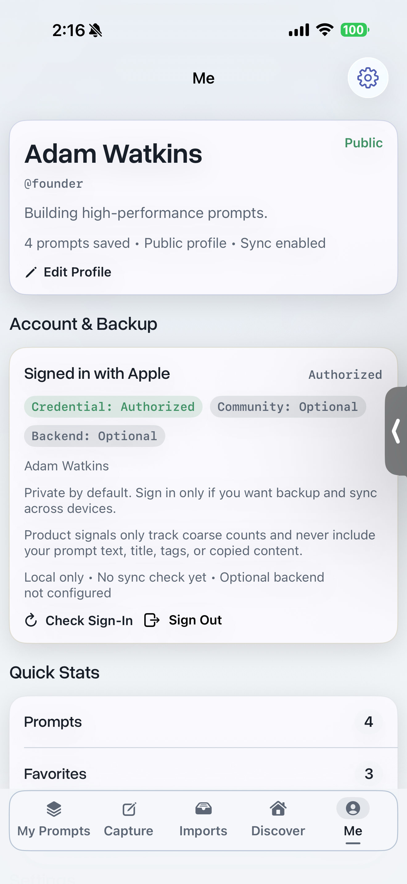 Promptwallet profile and backup screenshot