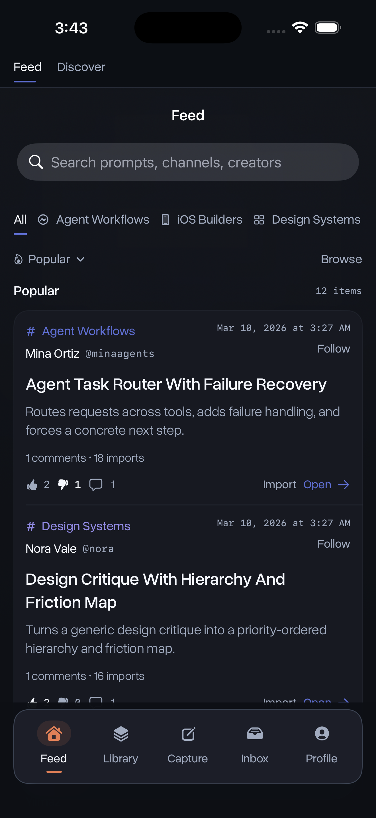 PromptWallet populated discovery feed screen